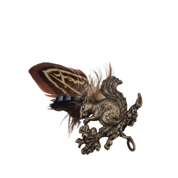 Super Cute European Silvertone Squirrel with Feathers Safety Pin Style Brooch (A - Picture 2 of 5